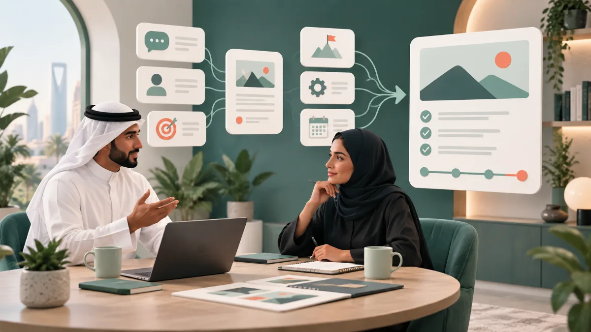 مكالمة مهنية تربط أهداف العميل ونطاق المشروع بخطة واضحة